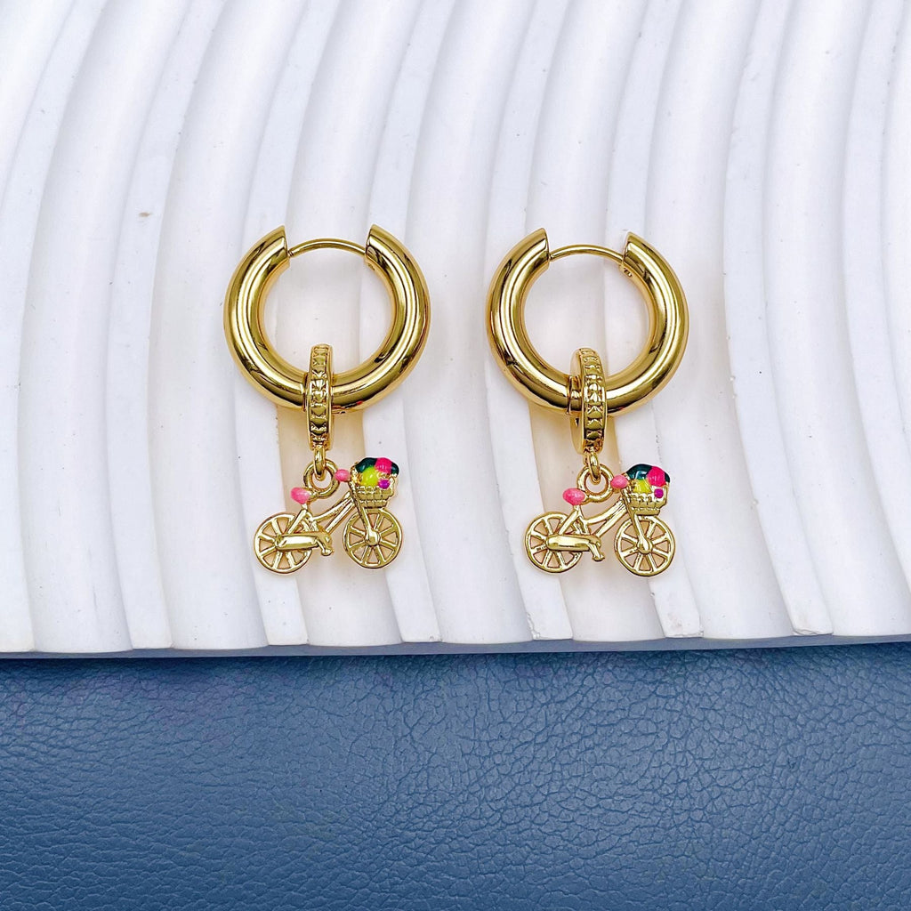 Tiny Cycle Pink Gold Anti Tarnish Dangler Hoop Earring Kids Bulk