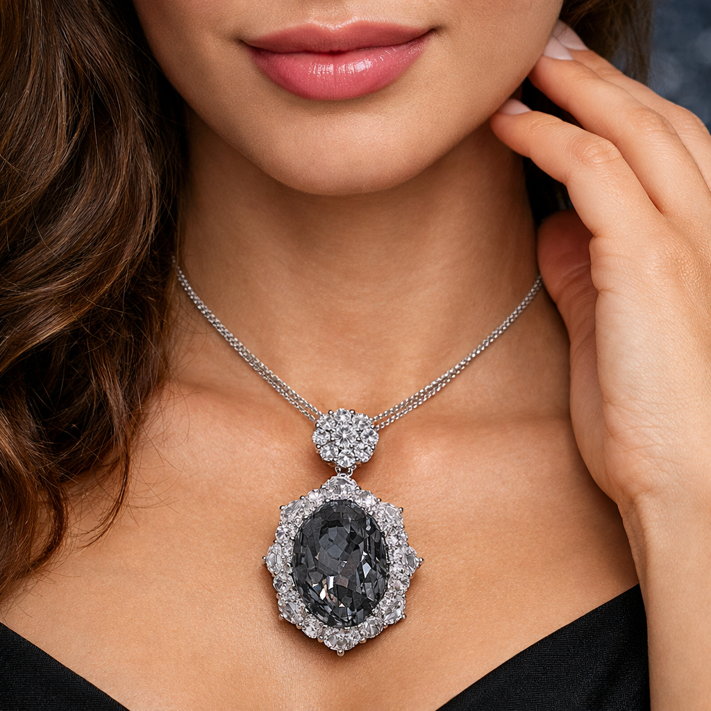 Black Classic Oval Floral Silver Plated CZ Copper Pendant Chain Bulk