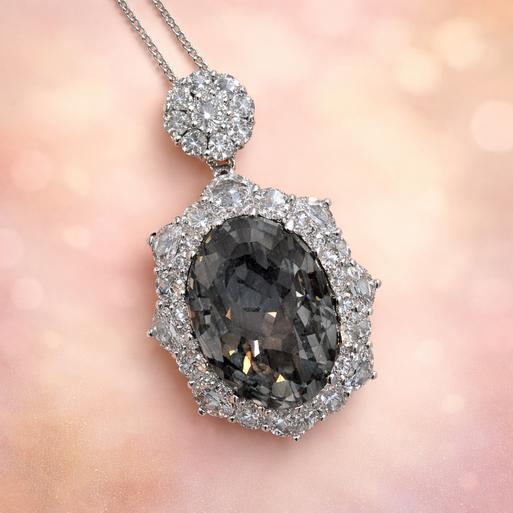 Black Classic Oval Floral Silver Plated CZ Copper Pendant Chain Bulk Main image