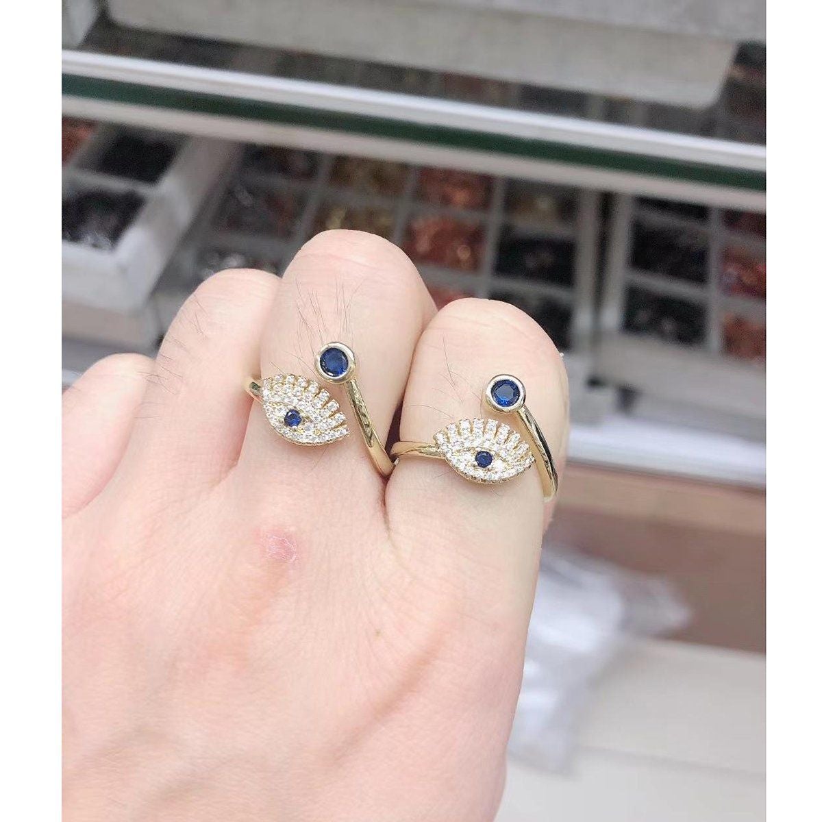 Evil Eye Blue Gold CZ Adjustable Free Size Band Ring Gift Bulk