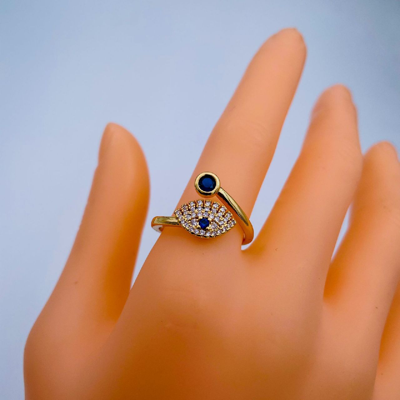 Evil Eye Blue Gold CZ Adjustable Free Size Band Ring Gift Bulk
