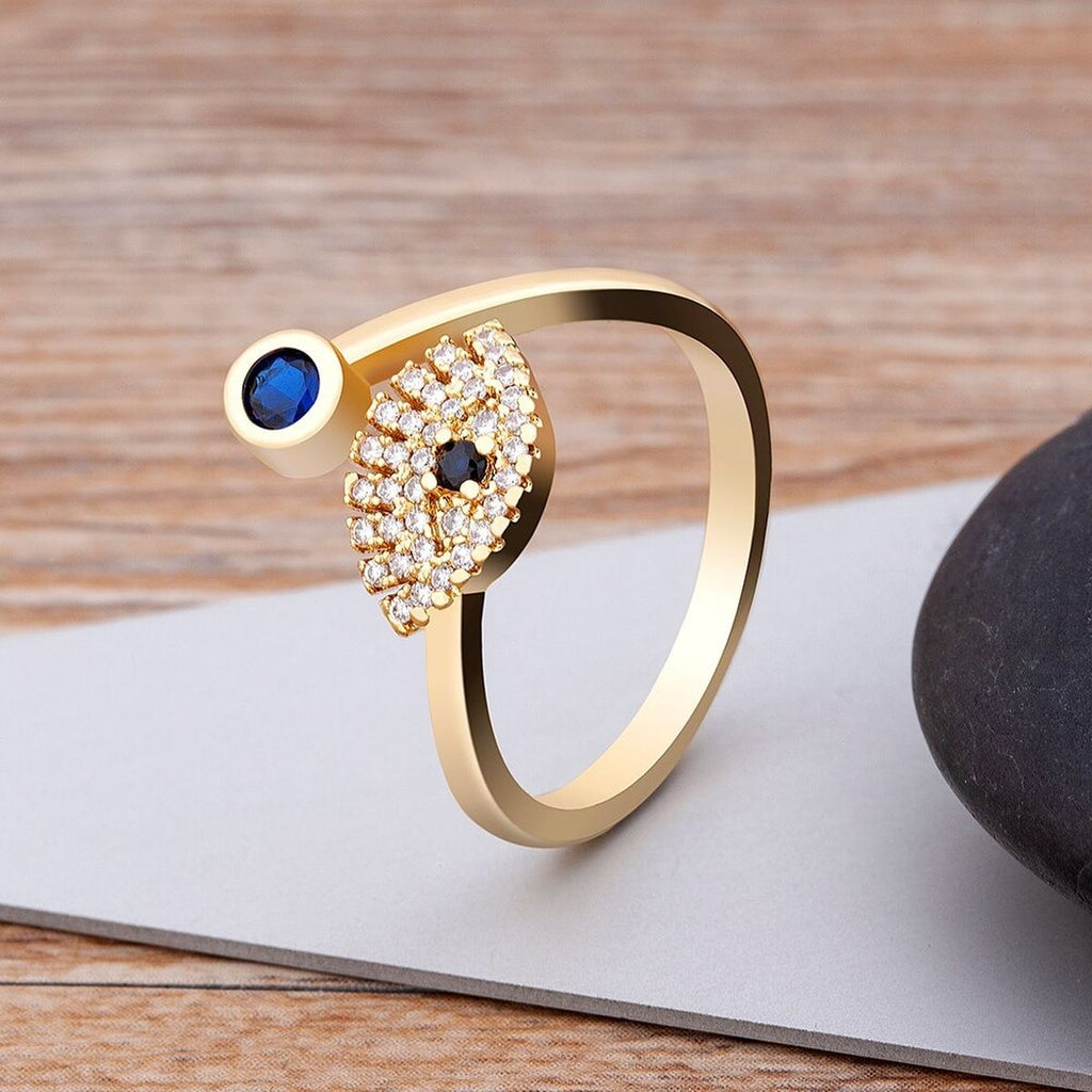 Evil Eye Blue Gold CZ Adjustable Free Size Band Ring Gift Bulk