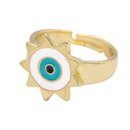 Sun Evil Eye White Enamel Gold Adjustable Band Ring Gift Bulk