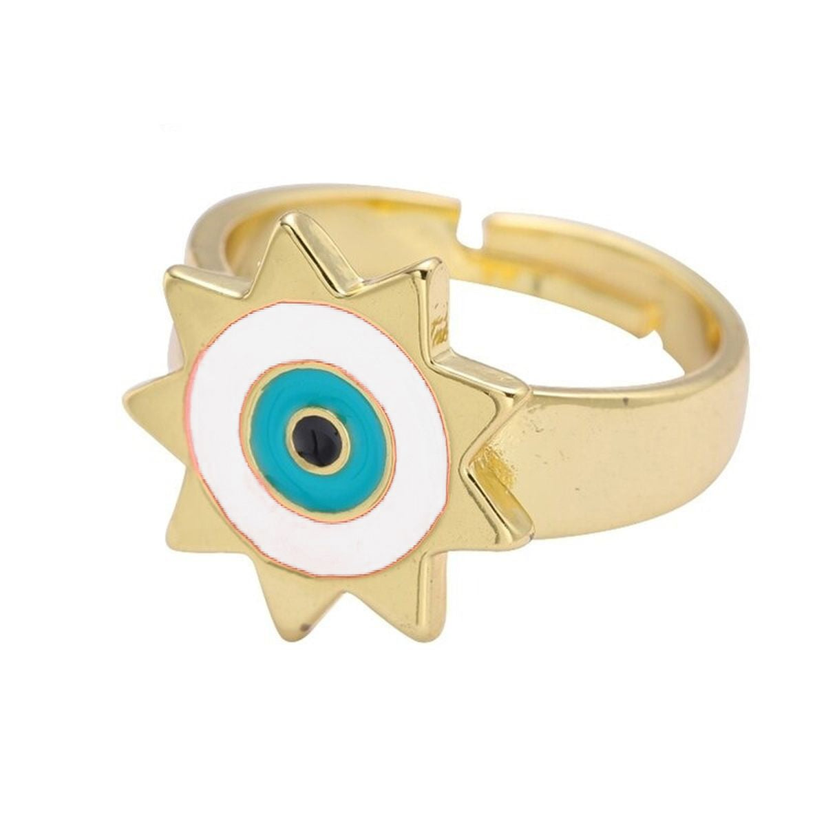 Sun Evil Eye White Enamel Gold Adjustable Band Ring Gift Bulk