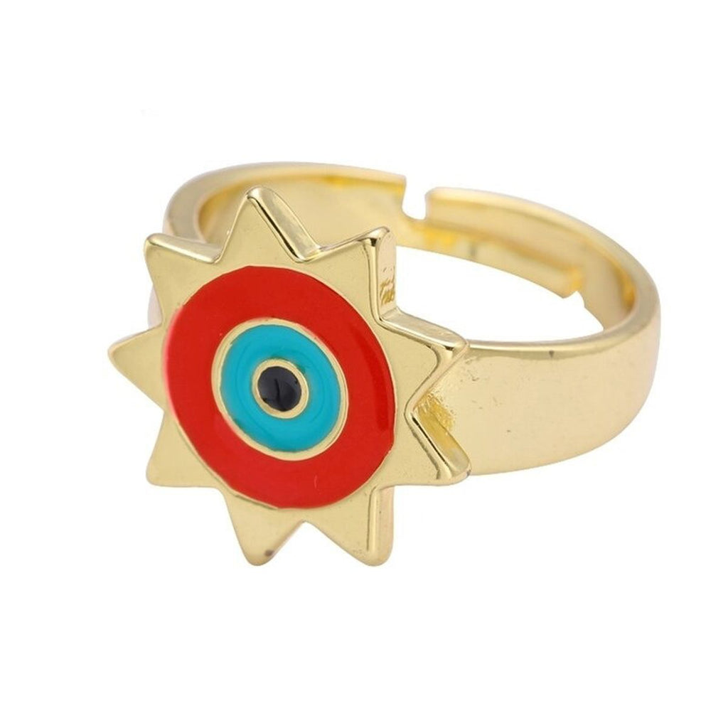 Sun Evil Eye White Enamel Gold Adjustable Band Ring Gift Bulk