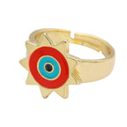 Sun Evil Eye White Enamel Gold Adjustable Band Ring Gift Bulk
