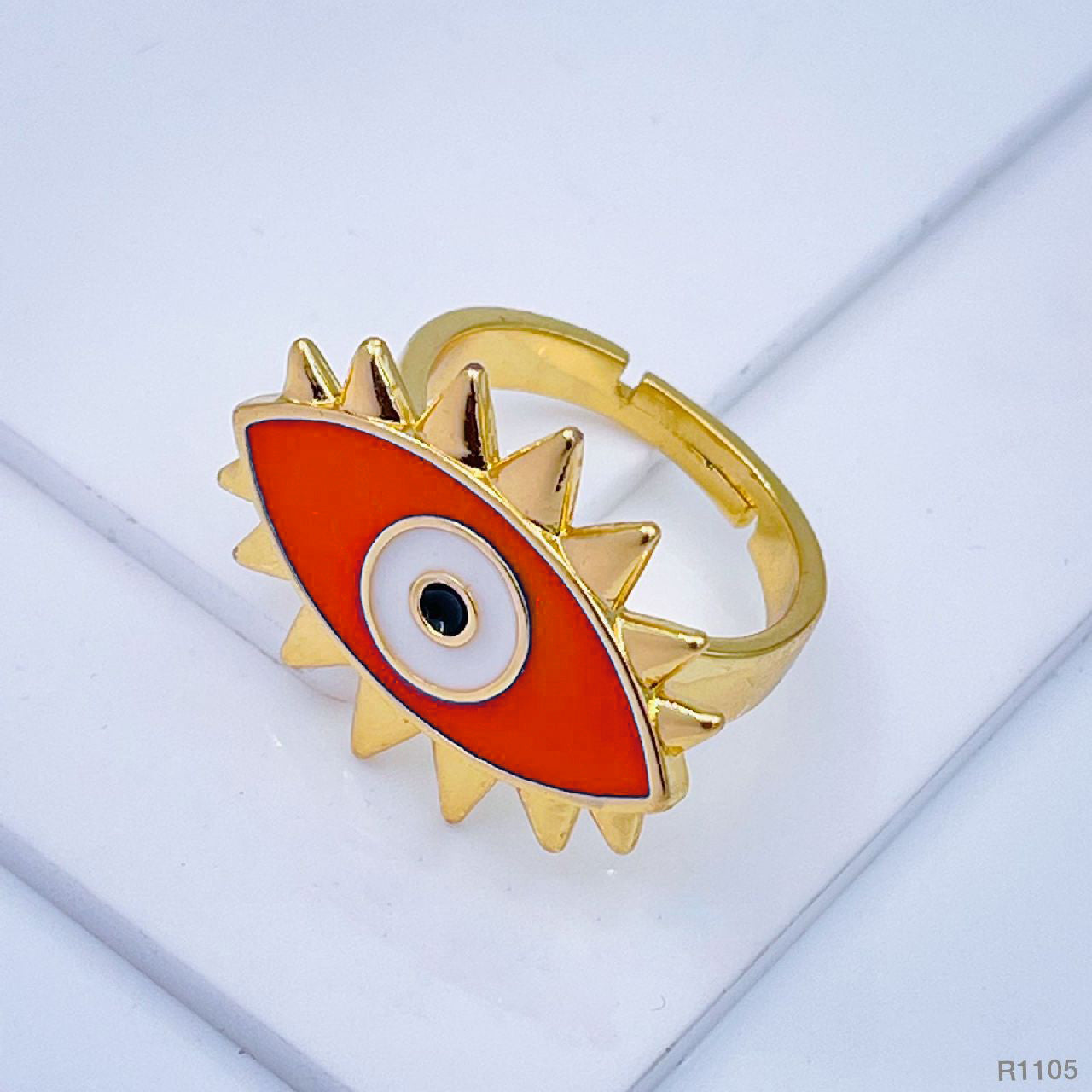 Flower Oval Evil Eye Red Enamel Gold Adjustable Band Ring Gift Bulk