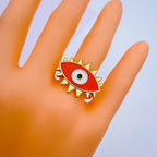 Flower Oval Evil Eye Red Enamel Gold Adjustable Band Ring Gift Bulk