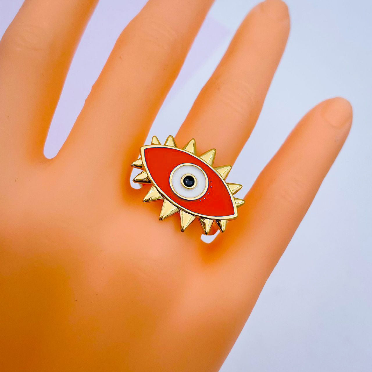 Flower Oval Evil Eye Red Enamel Gold Adjustable Band Ring Gift Bulk