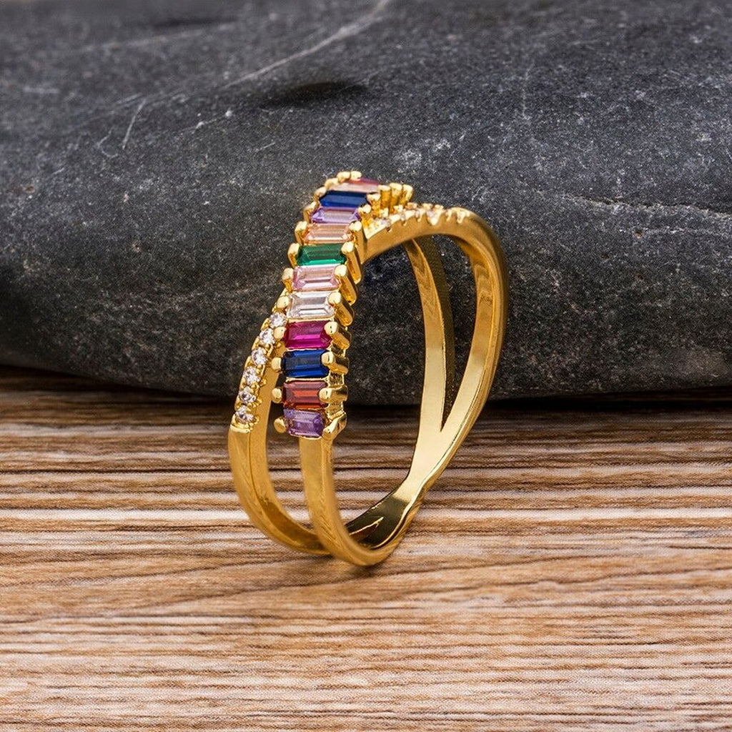 Rainbow Gold Multicolour Copper CZ Crystal Band Ring Bulk