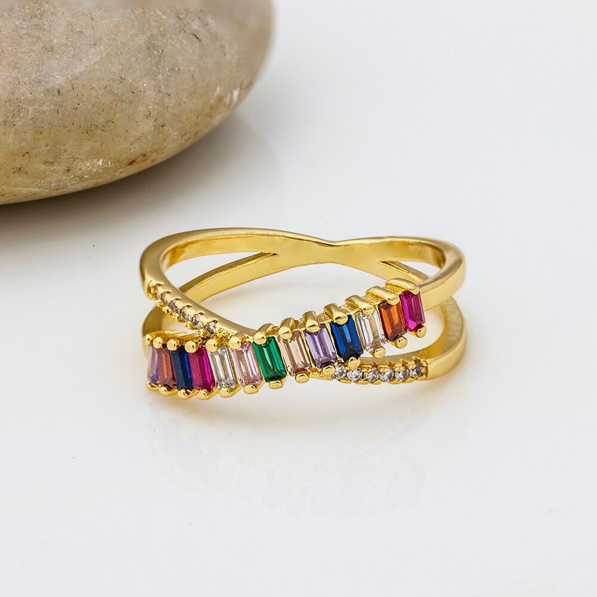 Rainbow Gold Multicolour Copper CZ Crystal Band Ring Bulk