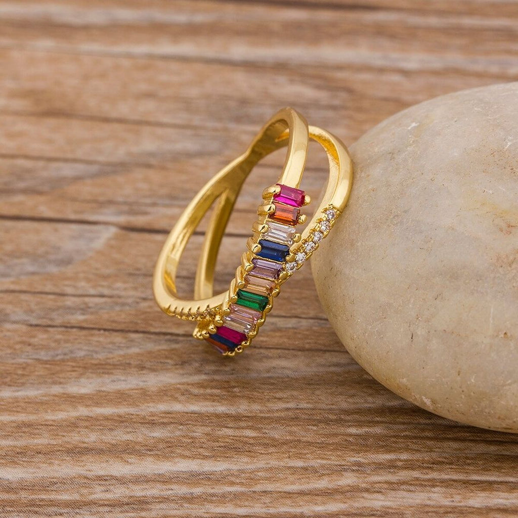 Rainbow Gold Multicolour Copper CZ Crystal Band Ring Bulk