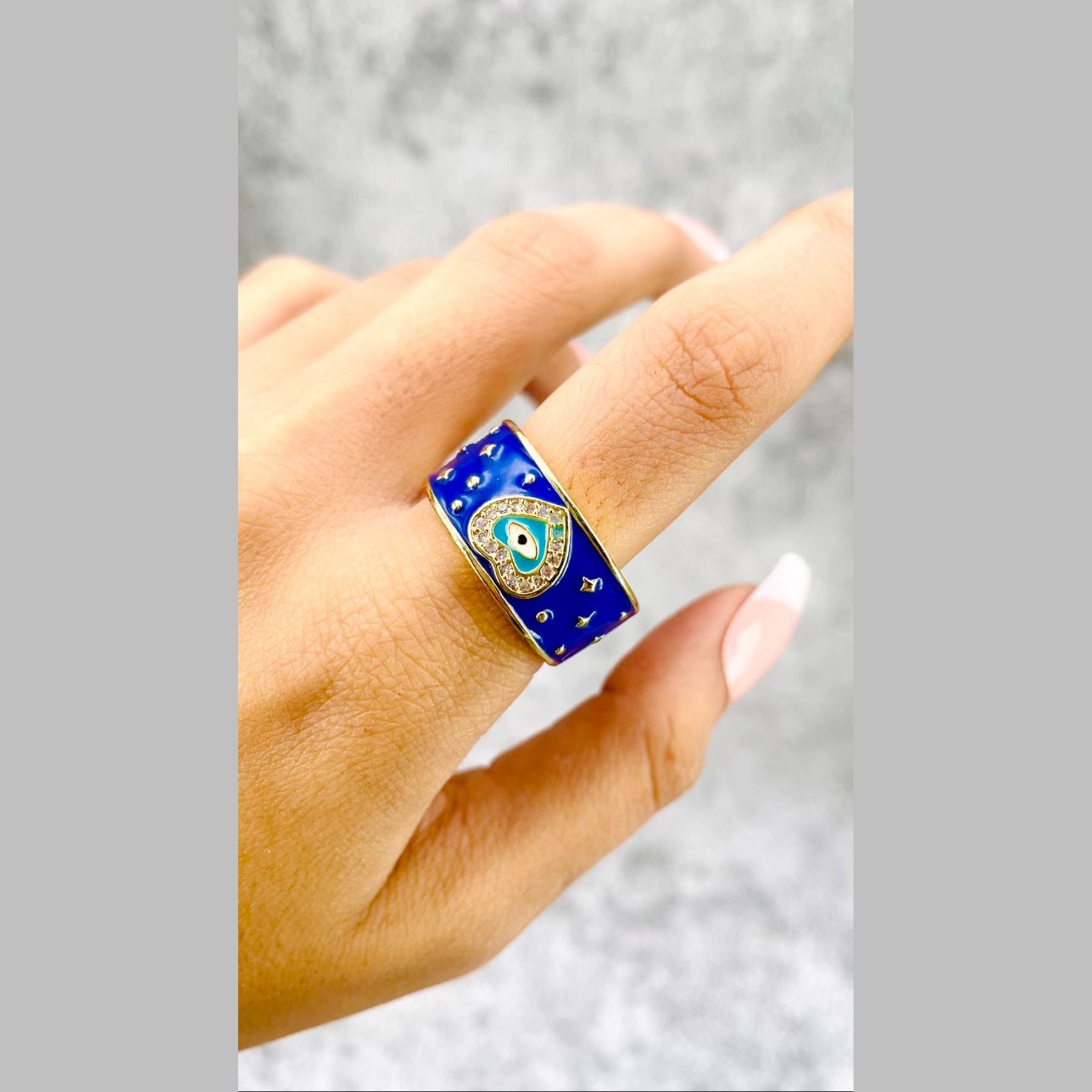 Heart Evil Eye Blue Gold American Diamond Enamel Adjustable Ring Bulk
