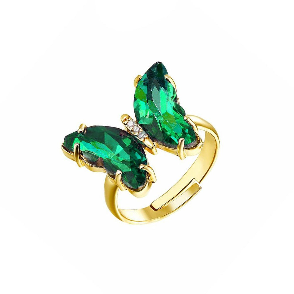Butterfly Gold Green Copper Crystal Adjustable Ring For Women Bulk