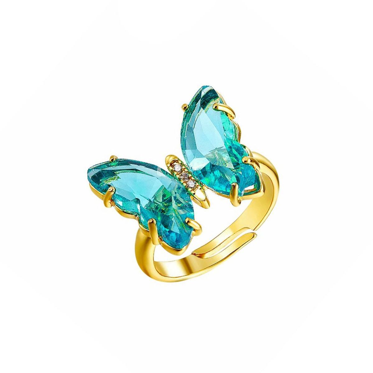 Gold Crystal Sky Blue Butterfly Copper Adjustable Band Ring Bulk