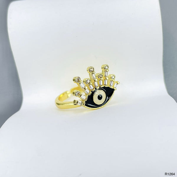 Eyelash Evil Eye Copper CZ Enamel Gold Black Adjustable Ring Bulk Main image