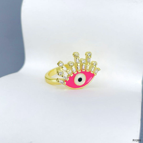 Eyelash Evil Eye Copper CZ Enamel Gold Pink Adjustable Ring Bulk Main image