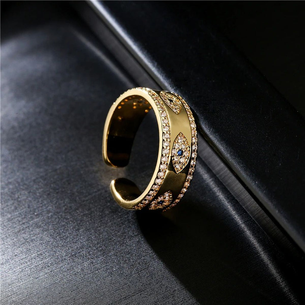 Evil Eye 18K Gold Cubic Zirconia Copper Free Size Open Ring Women Bulk