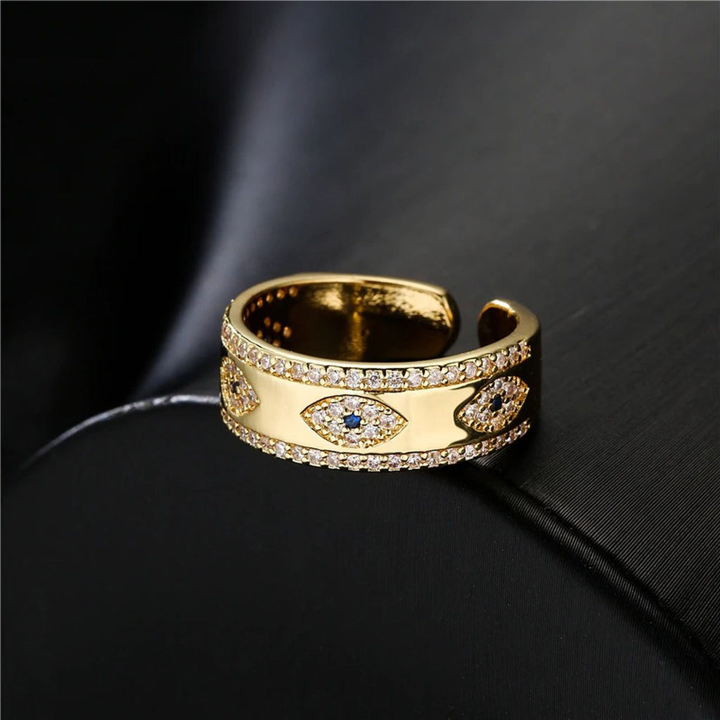 Evil Eye 18K Gold Cubic Zirconia Copper Free Size Open Ring Women Bulk