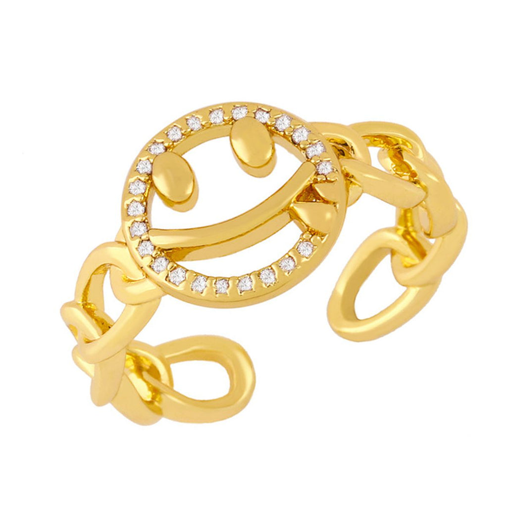 Smiley Face Copper Cubic Zirconia Gold Free Size Adjustable Ring Bulk
