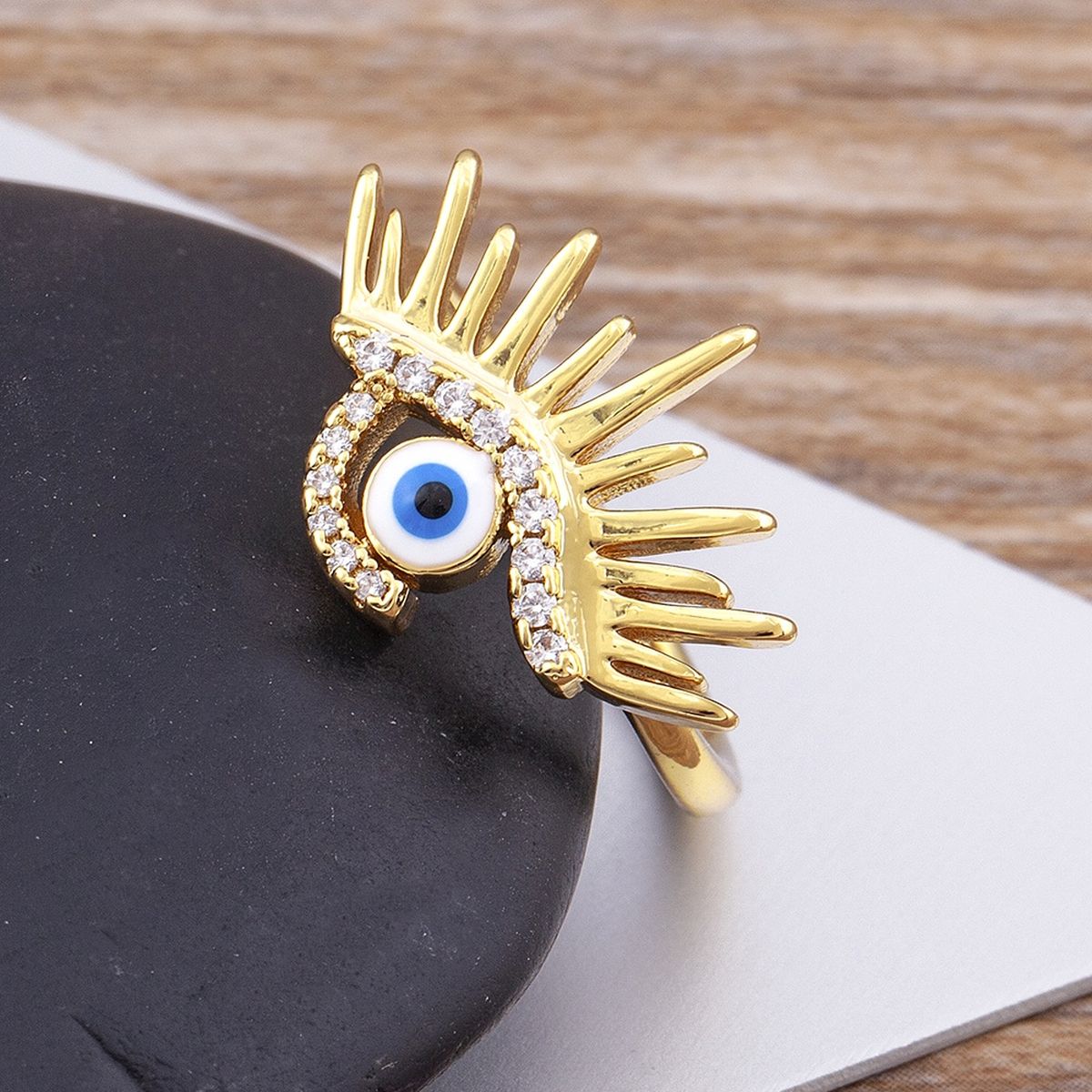 Sun Evil Eye Copper Cubic Zirconia Free Size Adjustable Ring Bulk