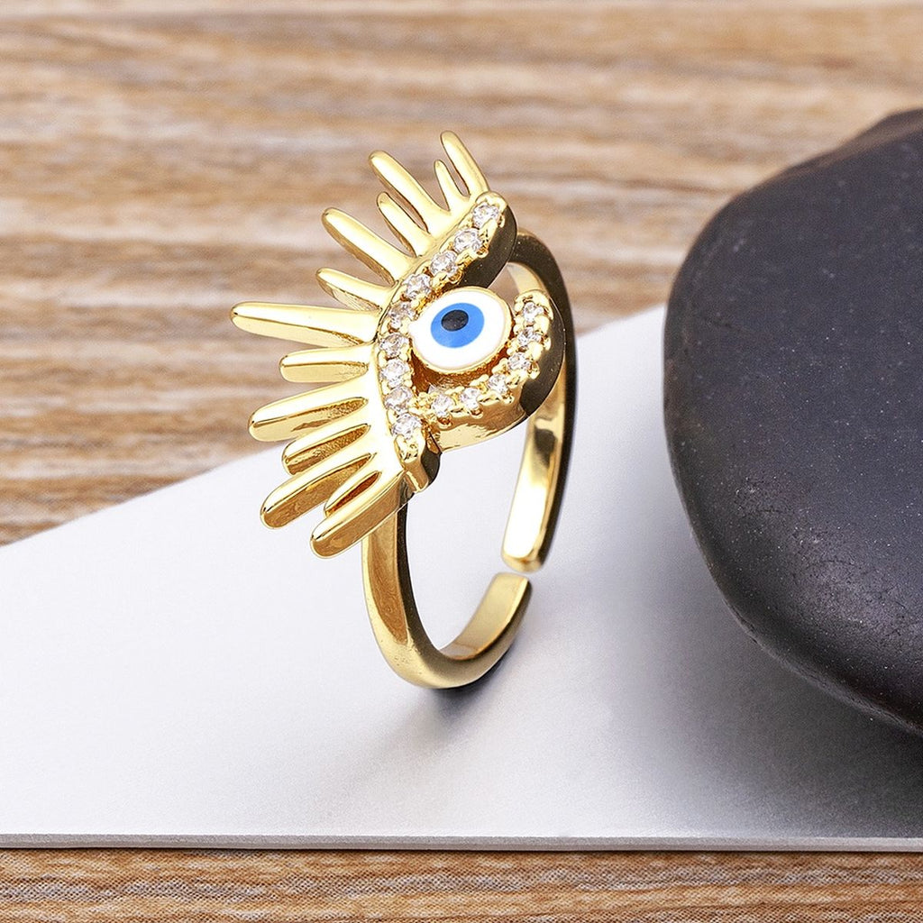 Sun Evil Eye Copper Cubic Zirconia Free Size Adjustable Ring Bulk