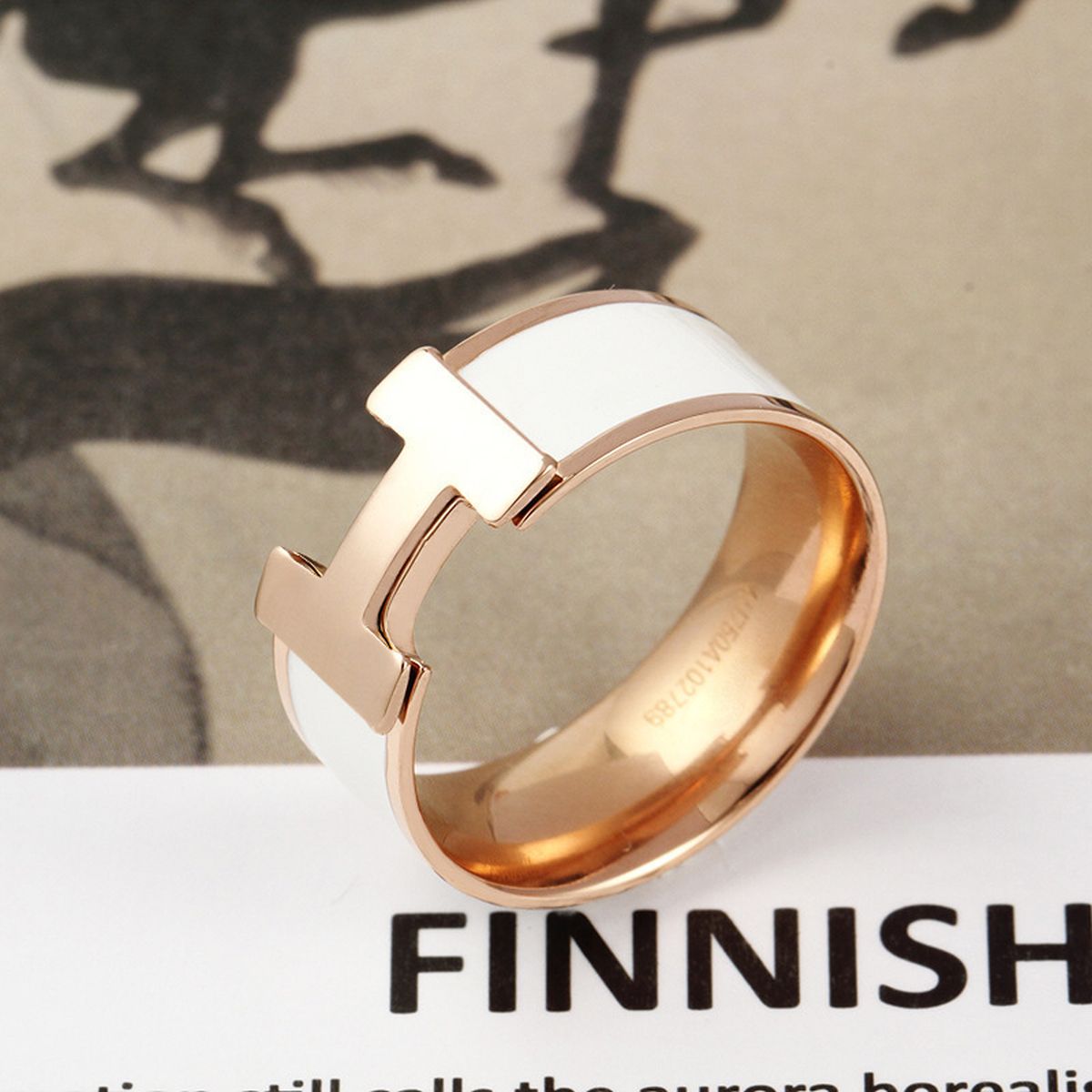 Stainless Steel White Enamel 18K Rose Gold Band Ring For Women Bulk