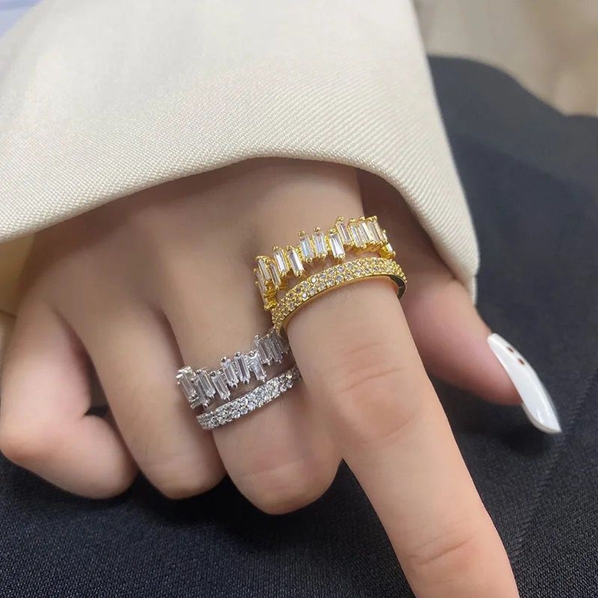 Copper Cubic Zirconia Crystal Baguette Gold Adjustable Ring Women Bulk