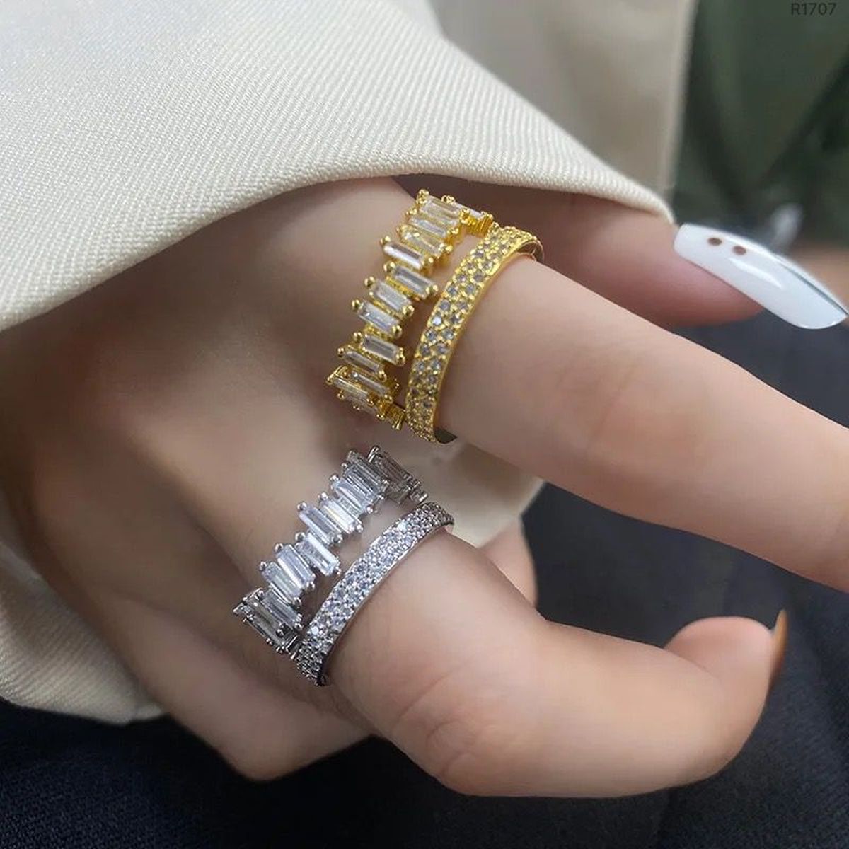 Copper Cubic Zirconia Crystal Baguette Gold Adjustable Ring Women Bulk