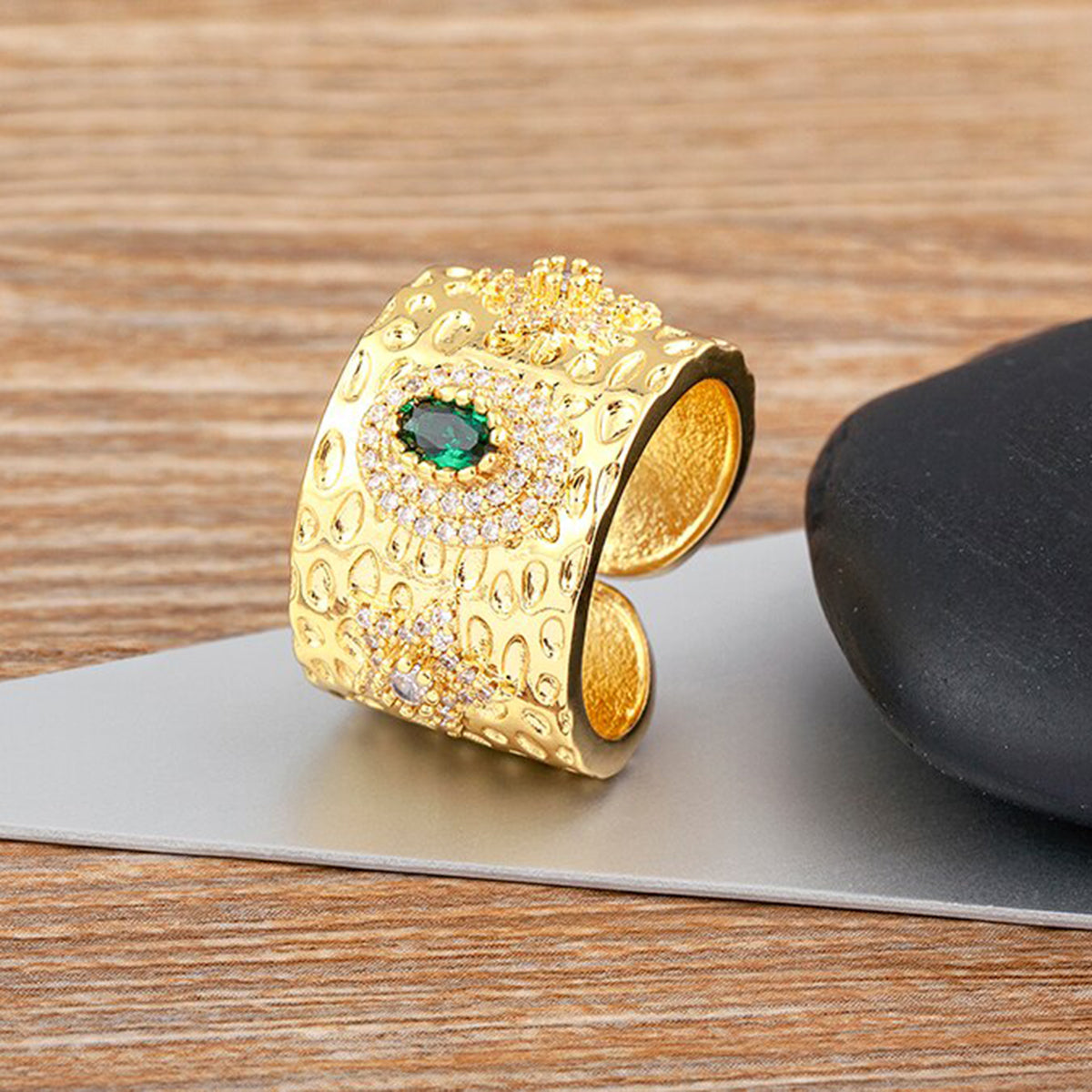 Copper Etched Green Emerald Gold Adjustable Band Ring Women Bulk Main image