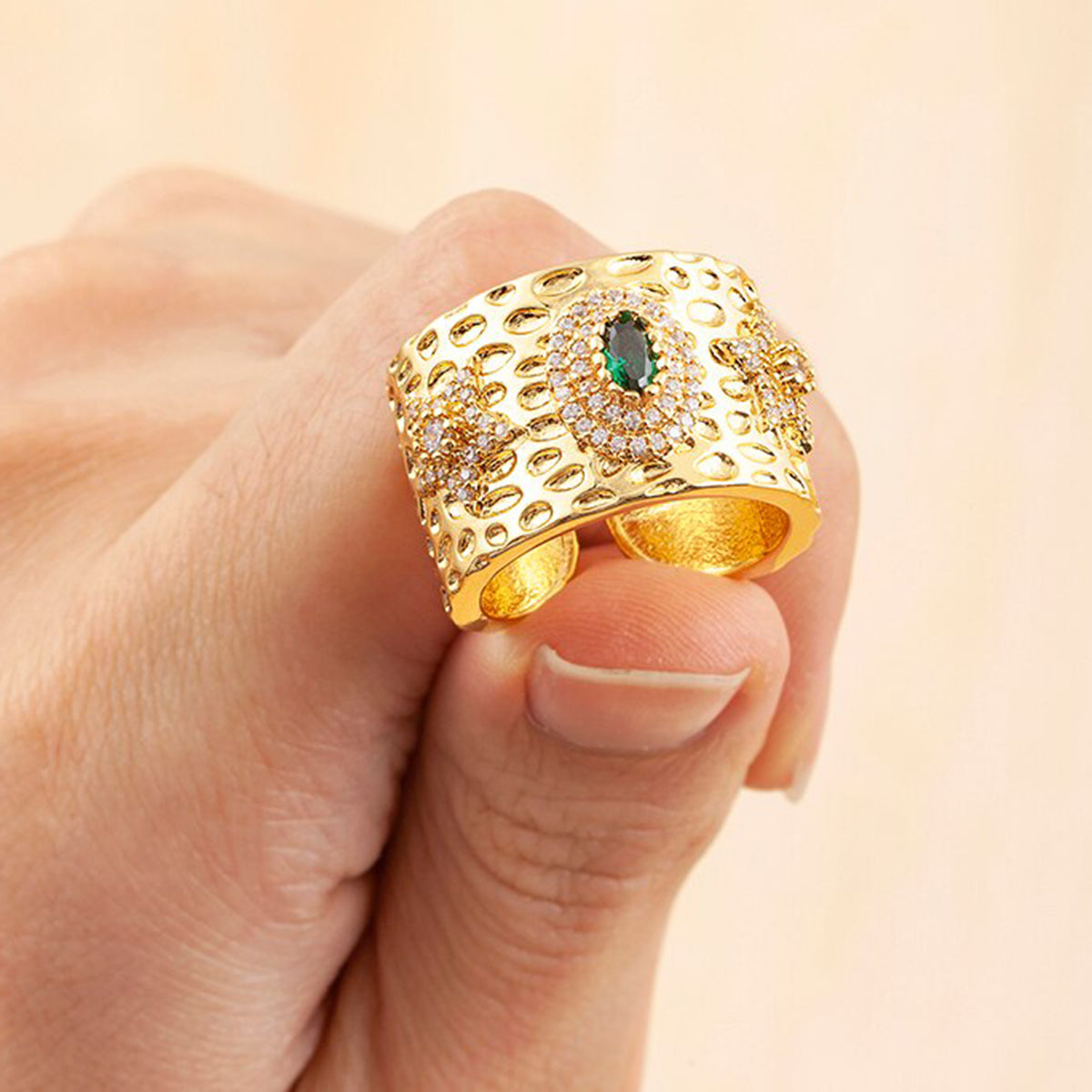 Copper Etched Green Emerald Gold Adjustable Band Ring Women Bulk
