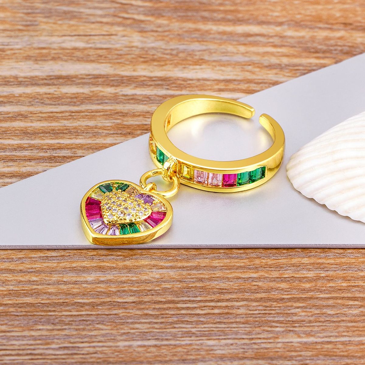 Heart Love Rainbow Multi Color Baguette 18K Gold Open Back Ring Bulk