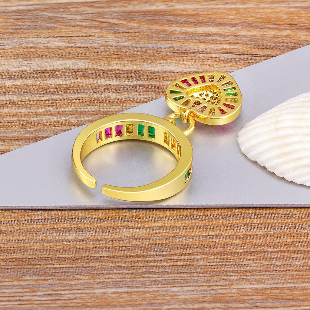 Heart Love Rainbow Multi Color Baguette 18K Gold Open Back Ring Bulk