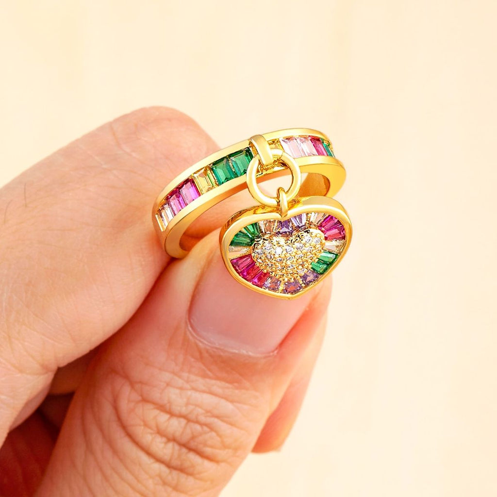 Heart Love Rainbow Multi Color Baguette 18K Gold Open Back Ring Bulk