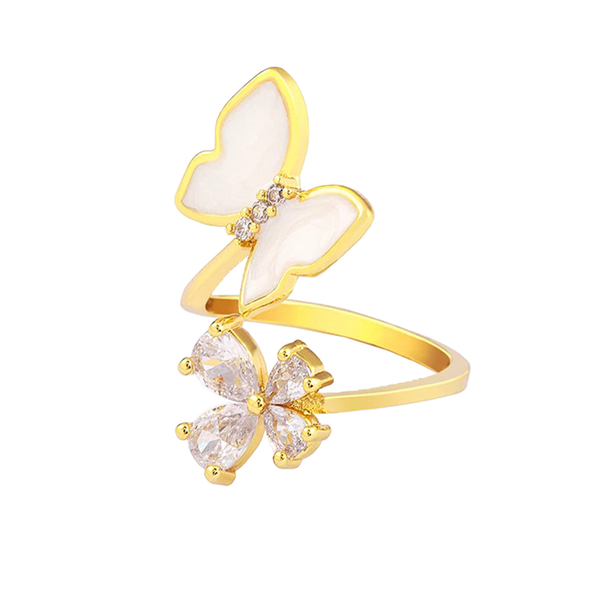 Butterfly Flower Mother Of Pearl Zircon 18K Gold Adjustable Ring Bulk