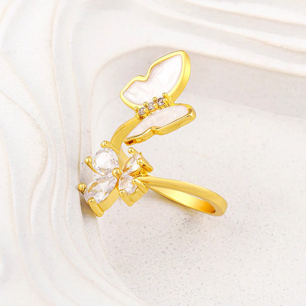 Butterfly Flower Mother Of Pearl Zircon 18K Gold Adjustable Ring Bulk