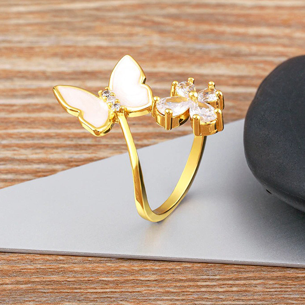 Butterfly Flower Mother Of Pearl Zircon 18K Gold Adjustable Ring Bulk