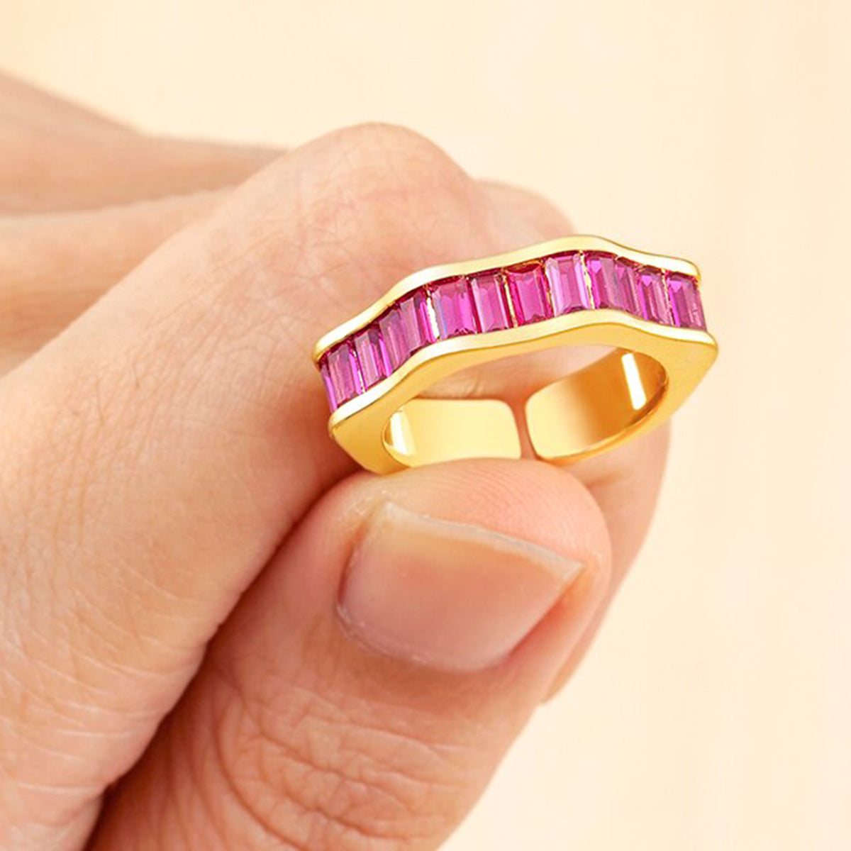 Ruby Pink Baguette Invisible Set Gold Anti Tarnish Open Back Ring Bulk