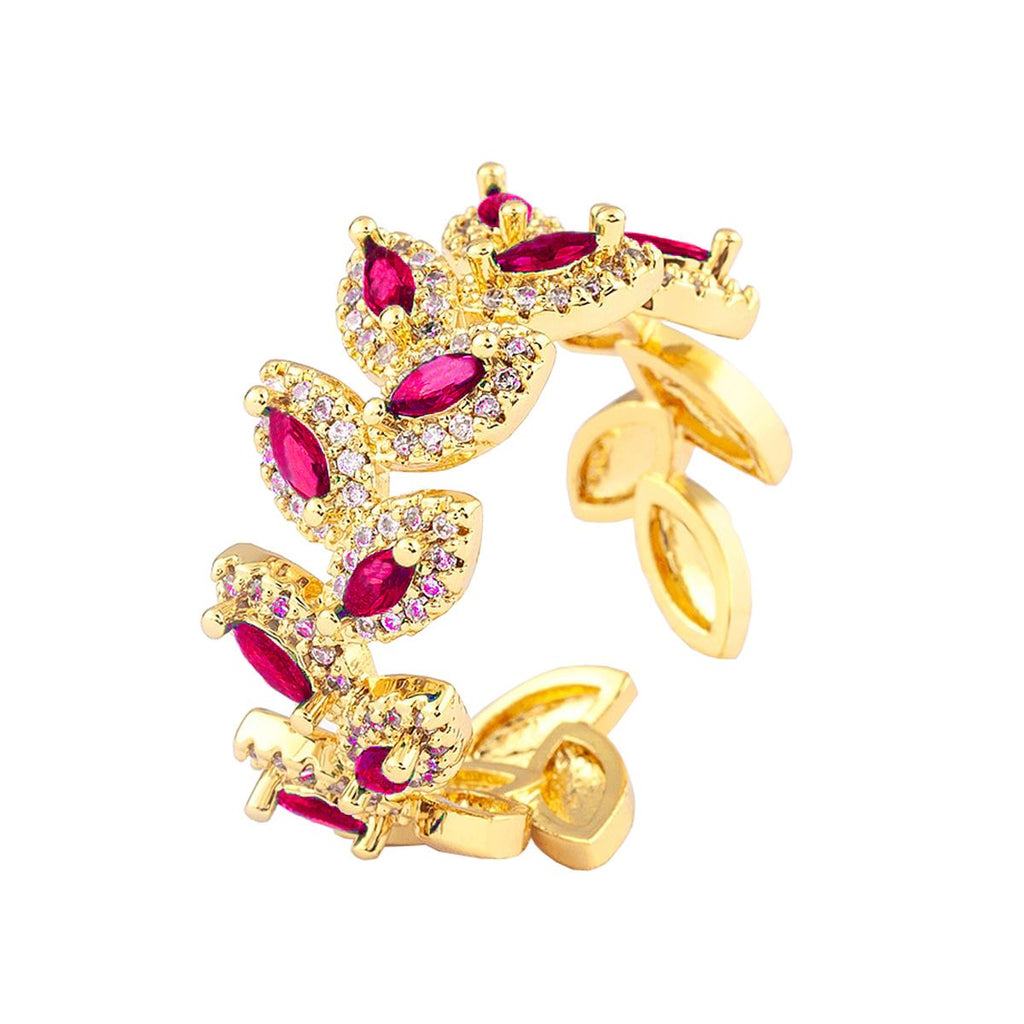 Floral Leaf Cubic Zirconia 18K Gold Anti Tarnish Open Back Ring Bulk