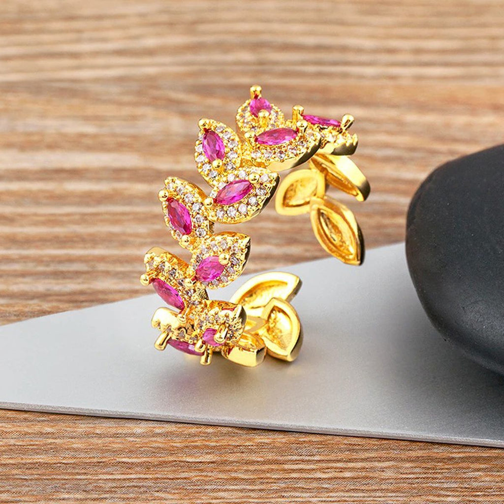 Floral Leaf Cubic Zirconia 18K Gold Anti Tarnish Open Back Ring Bulk