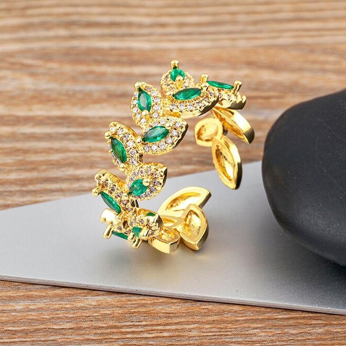 Floral Leaf Cubic Zirconia 18K Gold Anti Tarnish Open Back Ring Bulk