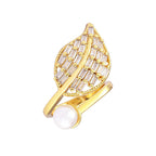 Feather Leaf Pearl Baguette CZ 18K Gold Free Size Ring Bulk
