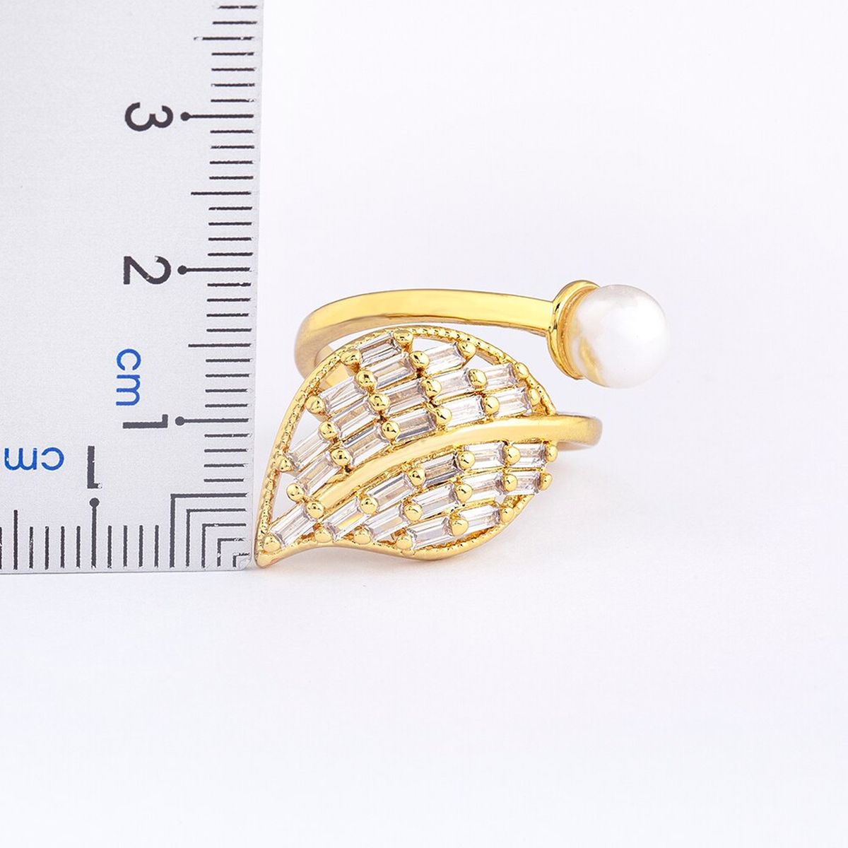 Feather Leaf Pearl Baguette CZ 18K Gold Free Size Ring Bulk