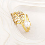 Feather Leaf Pearl Baguette CZ 18K Gold Free Size Ring Bulk
