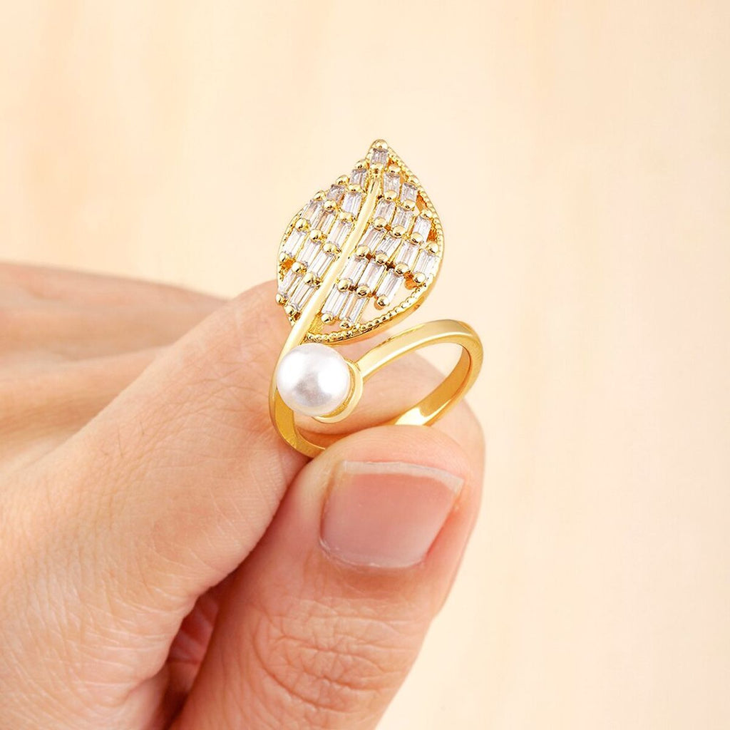 Feather Leaf Pearl Baguette CZ 18K Gold Free Size Ring Bulk