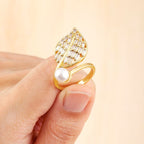 Feather Leaf Pearl Baguette CZ 18K Gold Free Size Ring Bulk