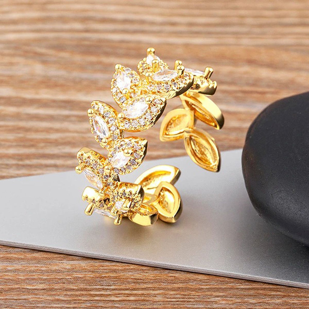 Floral Leaf Cubic Zirconia 18K Gold Anti Tarnish Open Back Ring Bulk