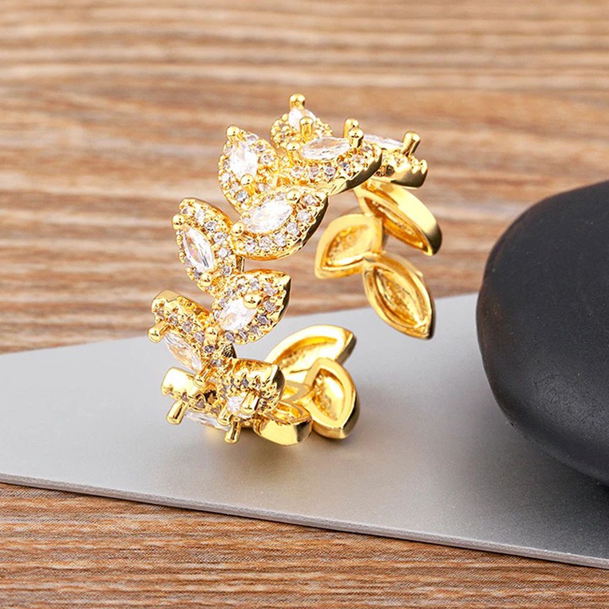 Floral Leaf Cubic Zirconia 18K Gold Anti Tarnish Open Back Ring Bulk