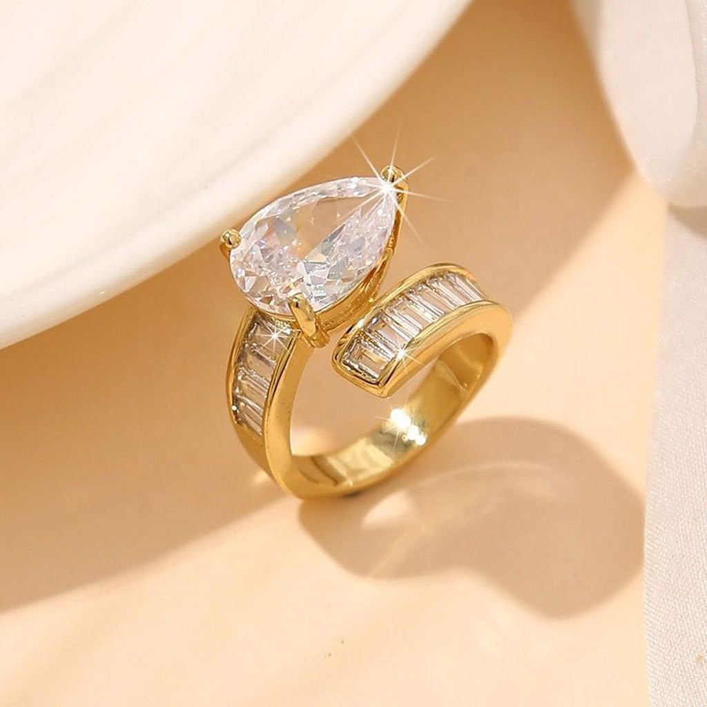 Pear Drop Baguette Cubic Zirconia 18K Gold Free Size Ring Women Bulk