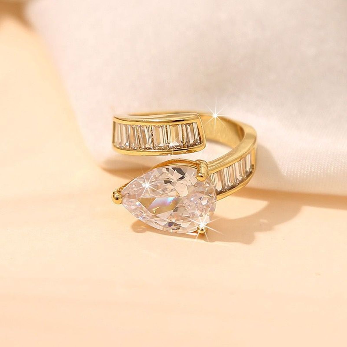 Pear Drop Baguette Cubic Zirconia 18K Gold Free Size Ring Women Bulk